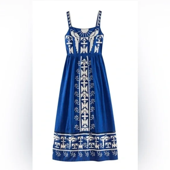 FARM Rio Macaw Sundress Medium Blue & White Embroidered Tropical Dress - Picture 4 of 12